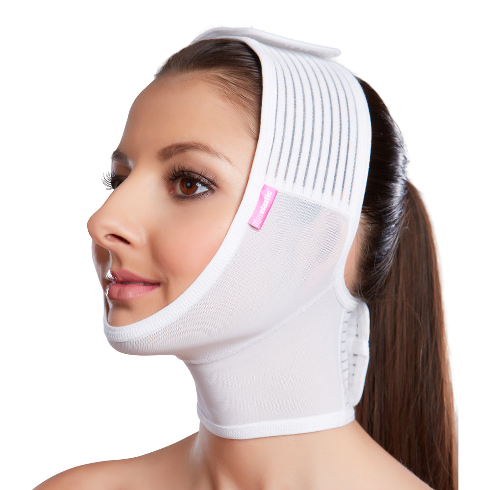 FM extra postoperative Gesichtsmaske von Lipoelastic in Weiss – Gesamtansicht mit Klettverschluss 