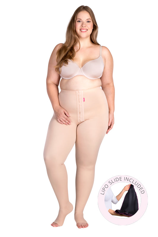VBfLg Variant postoperative Kompressionsstrumpfhose von Lipoelastic – Produktansicht mit Beschriftung 