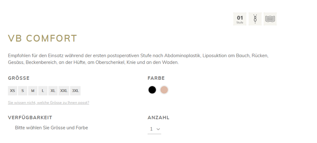 VB Comfort Lipoelastic – Produktinformationen Grössen und Farben Übersicht