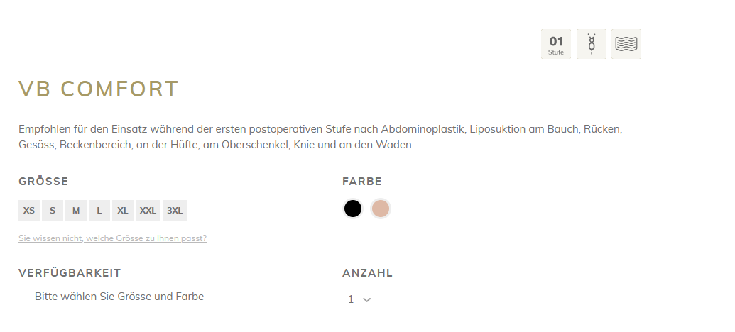 VB Comfort Lipoelastic – Produktinformationen Grössen und Farben Übersicht
