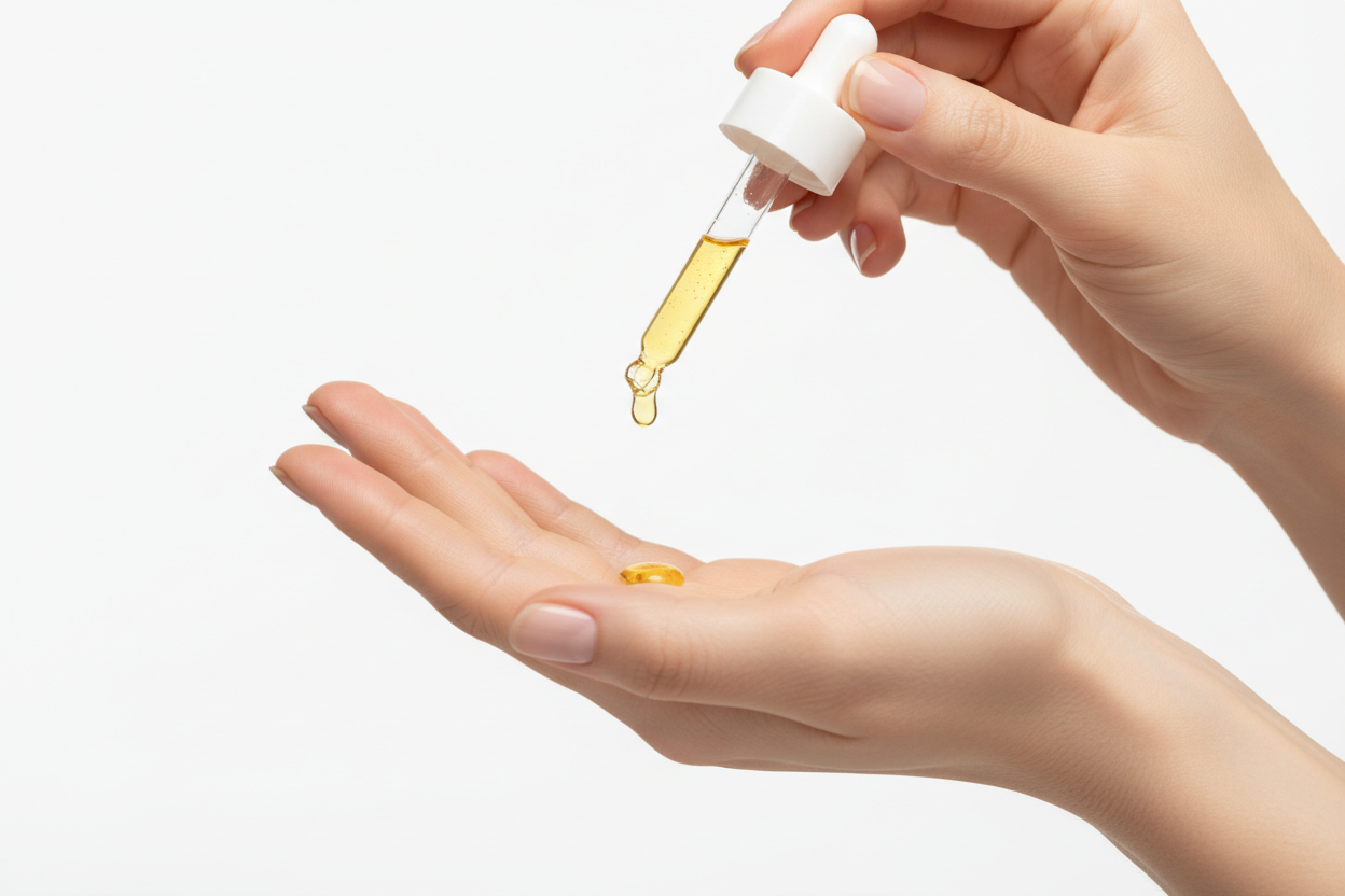 Preventive Serum Anwendung - Serum Tropfen auf Fingerspitzen